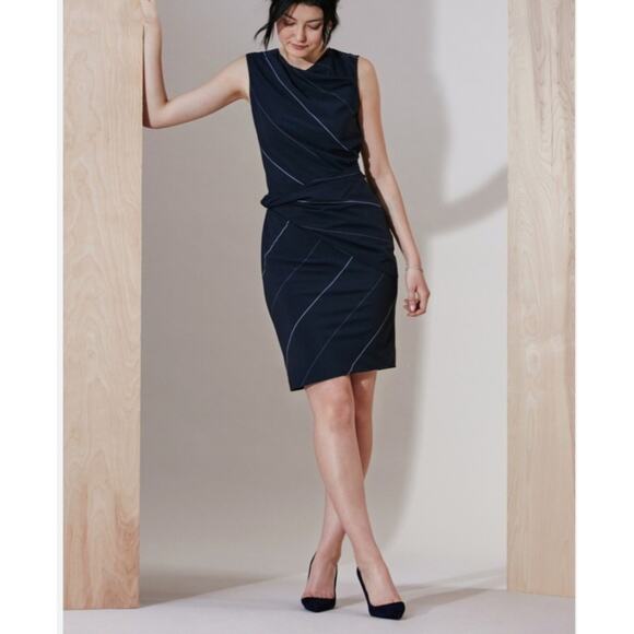 MM Lafleur Dress Womens 4 The Alex 2.0 Slide Slant Navy Blue White Sheath Midi - Picture 1 of 11